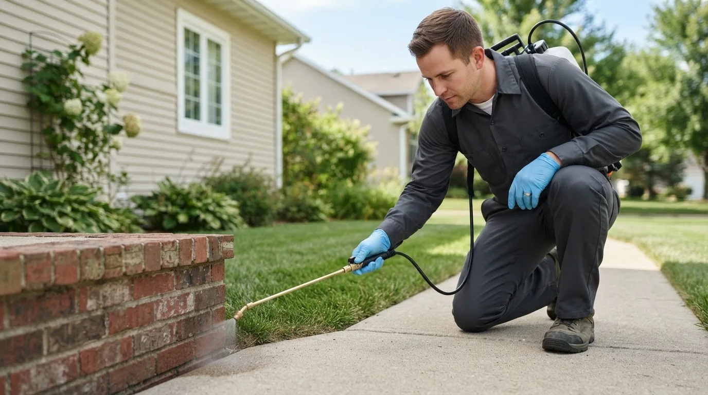 Pest control technician treating a home near Aldrich, MO
