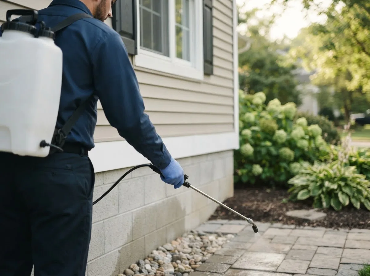 Pest control technician inspecting a home in Aldrich, MO